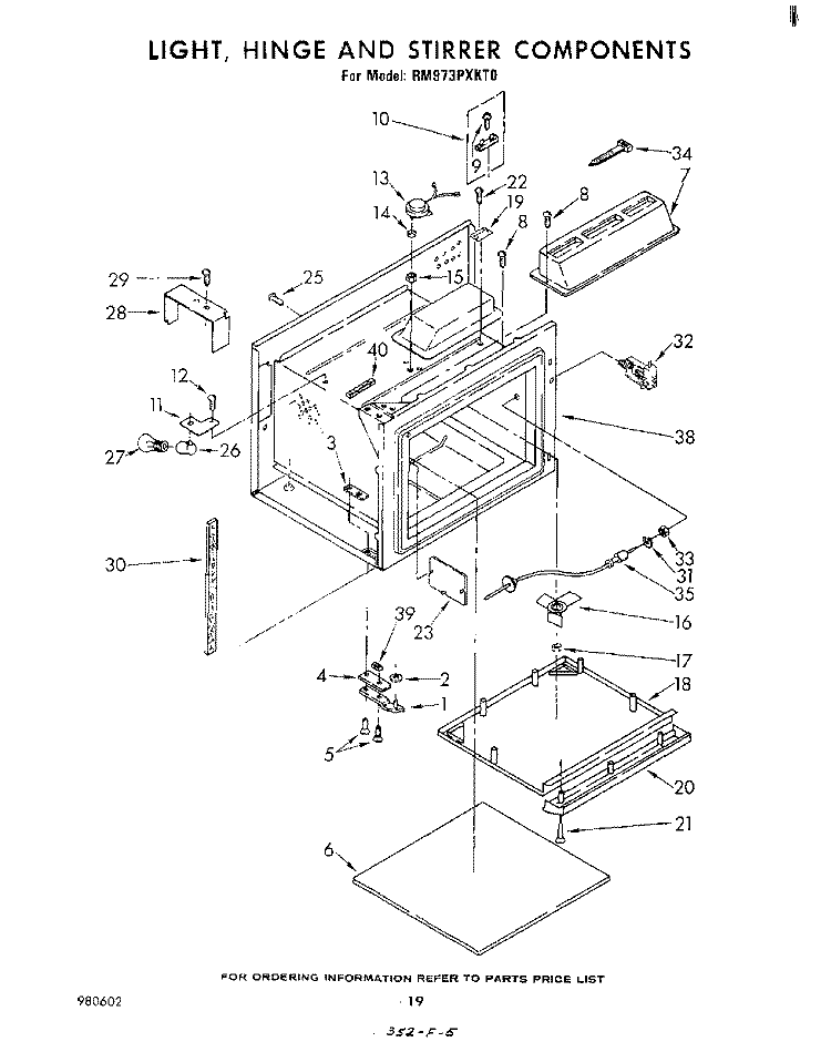 LIGHT, HINGE AND STIRRER, LITERATURE Diagram and Parts List for RM973PXKT0  Whirlpool Microwave Oven Combo