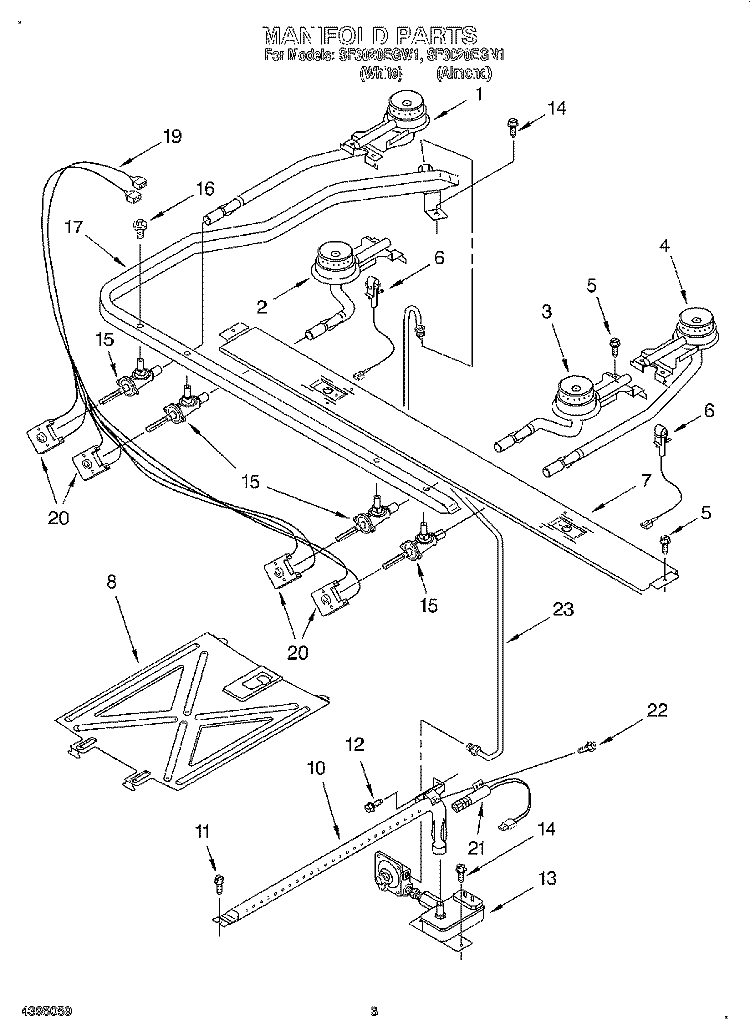 MANIFOLD Diagram and Parts List for SF3020EGW1  Whirlpool Range