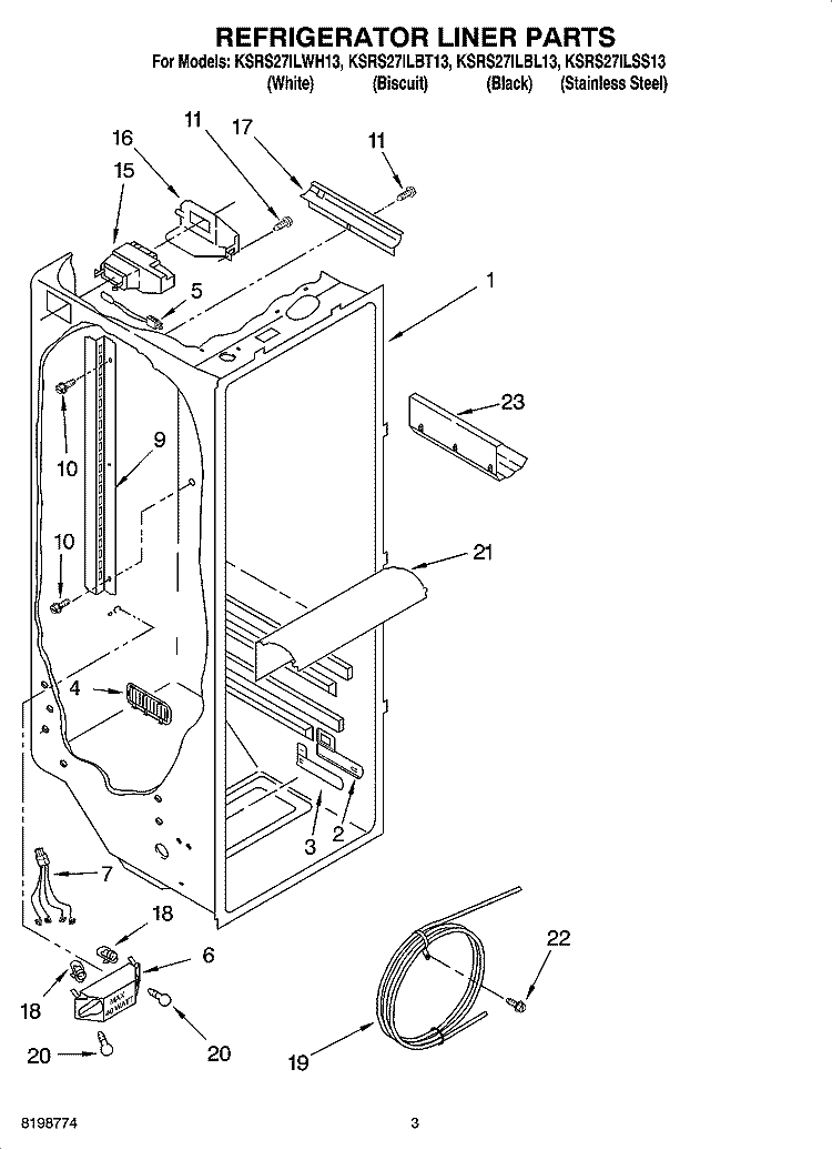 REFRIGERATOR LINER PARTS Diagram and Parts List for KSRS27ILSS13  KitchenAid Refrigerator