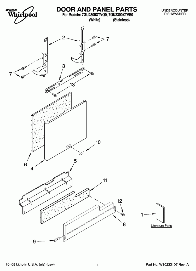 DOOR AND PANEL PARTS Diagram and Parts List for 7GU2300XTVQ0  Whirlpool Dishwasher