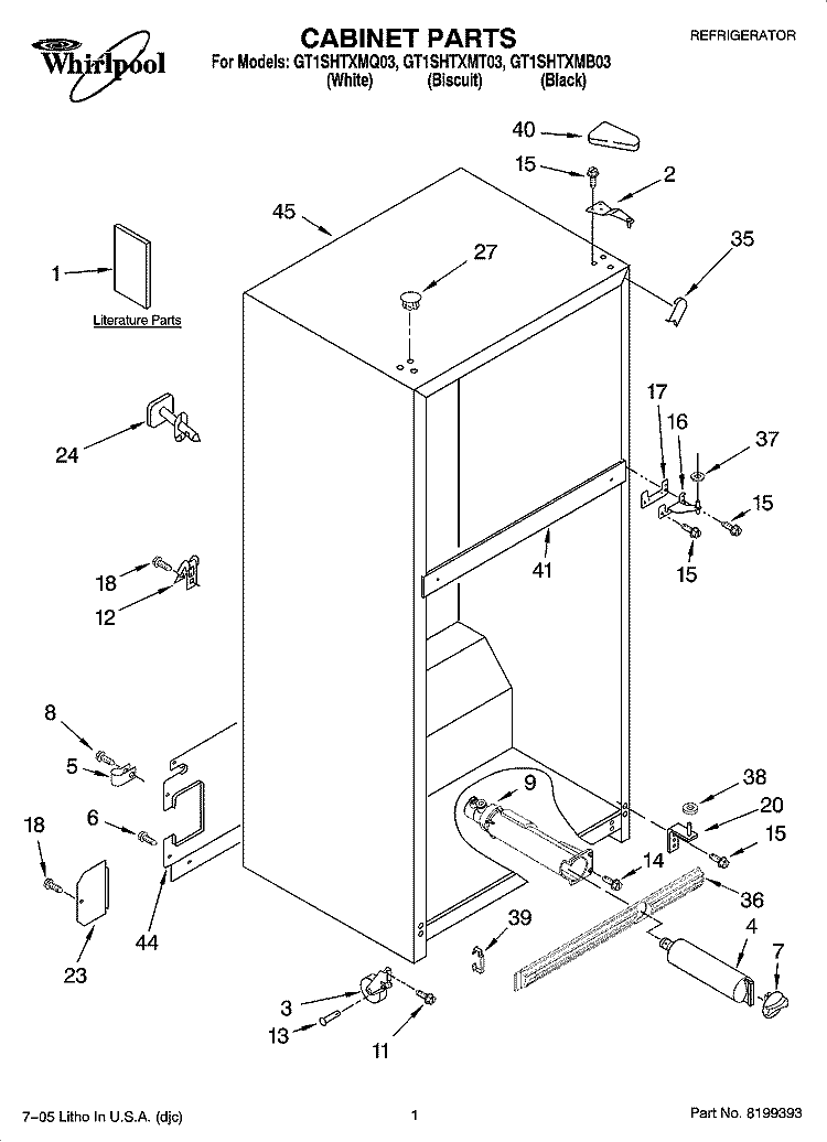CABINET PARTS Diagram and Parts List for GT1SHTXMT03  Whirlpool Refrigerator