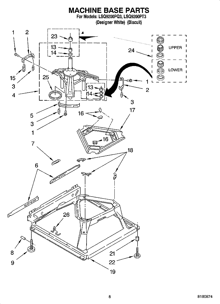 MACHINE BASE PARTS Diagram and Parts List for LSQ9200PT3  Whirlpool Washer