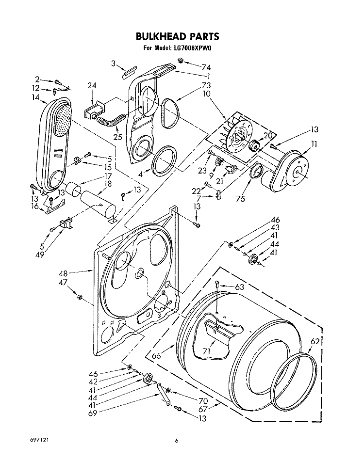 BULKHEAD Diagram and Parts List for LG7006XPW0  Whirlpool Dryer