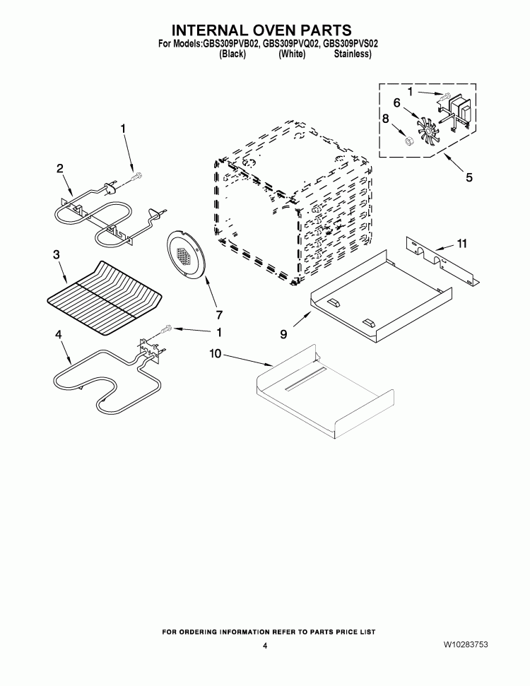 INTERNAL OVEN PARTS Diagram and Parts List for GBS309PVB02  Whirlpool Wall Oven