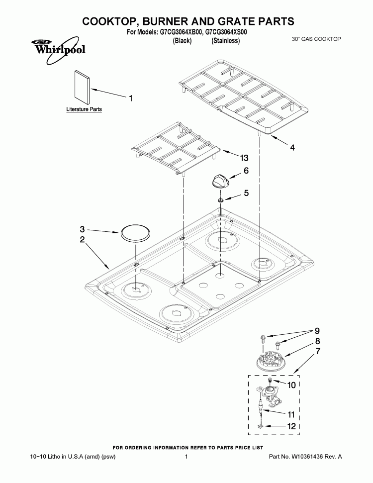 COOKTOP, BURNER AND GRATE PARTS Diagram and Parts List for G7CG3064XS00  Whirlpool Cooktop