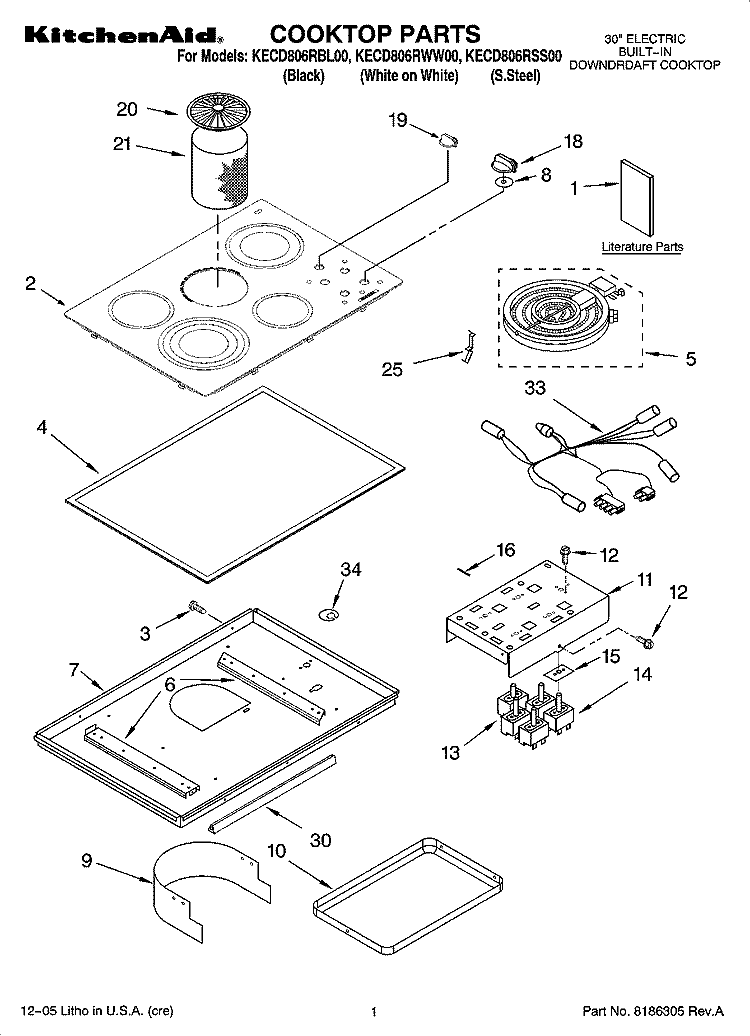 COOKTOP PARTS Diagram and Parts List for KECD806RSS00  KitchenAid Cooktop