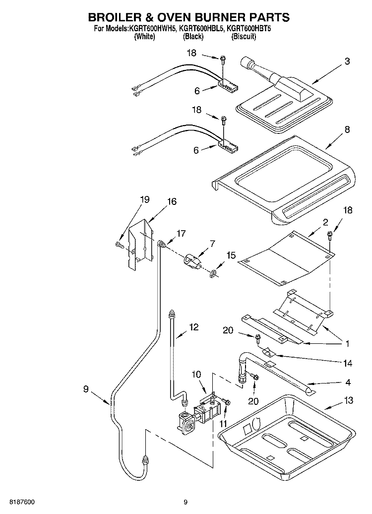 BROILER AND OVEN BURNER Diagram and Parts List for KGRT600HBT5  KitchenAid Range