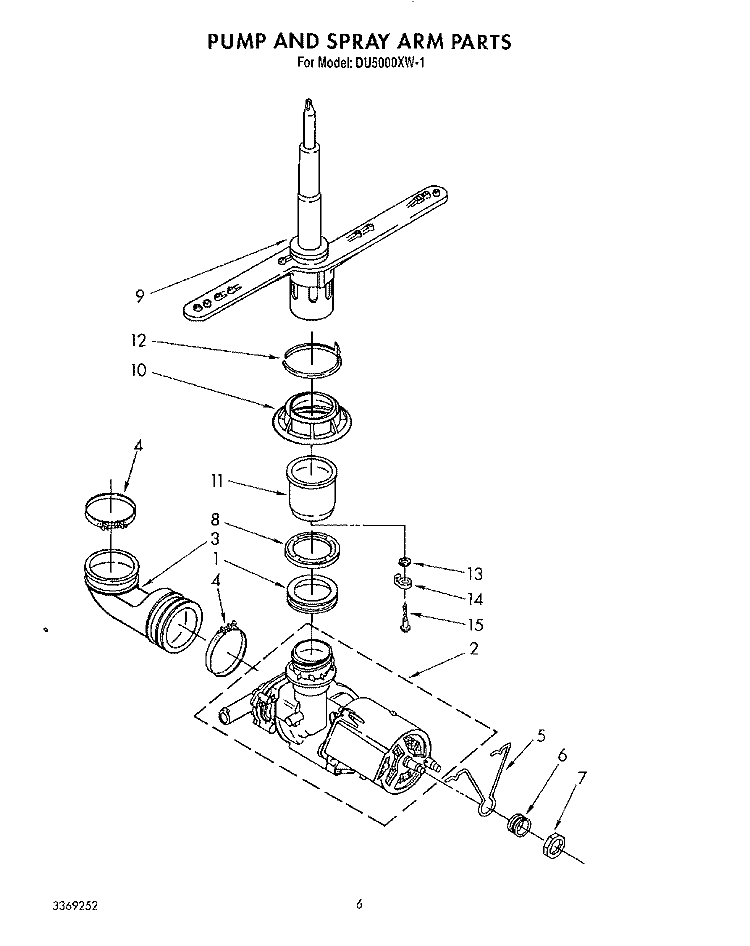 PUMP AND SPRAY ARM Diagram and Parts List for DU5000XW1  Whirlpool Dishwasher