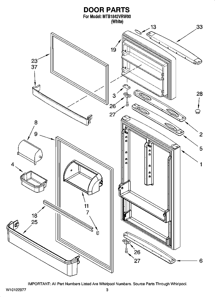 DOOR PARTS Diagram and Parts List for MTB1842VRW00  Whirlpool Refrigerator