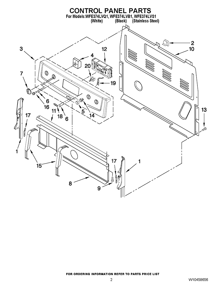 CONTROL PANEL PARTS Diagram and Parts List for WFE374LVQ1  Whirlpool Range