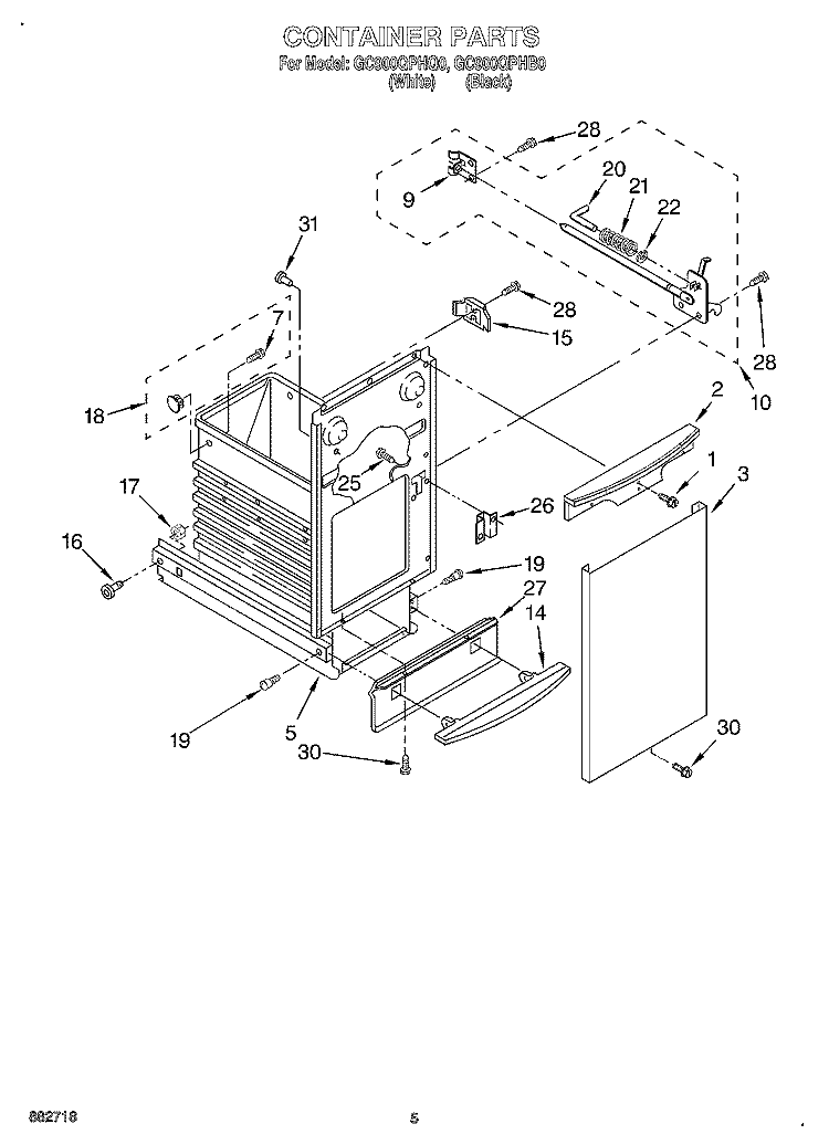 CONTAINER Diagram and Parts List for GC900QPHB0  Whirlpool Trash Compactor