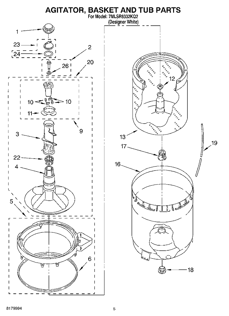 AGITATOR, BASKET AND TUB PARTS Diagram and Parts List for 7MLSR6332KQ2  Whirlpool Washer