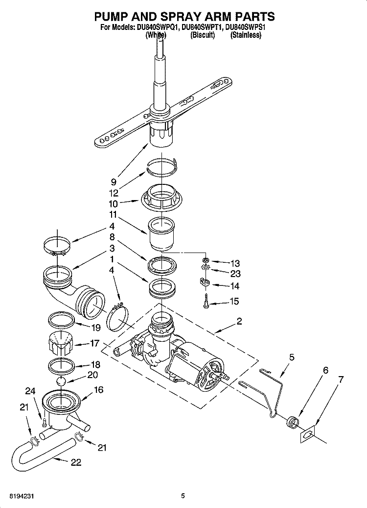 PUMP AND SPRAY ARM PARTS Diagram and Parts List for DU840SWPT1  Whirlpool Dishwasher