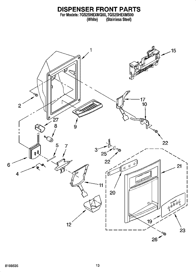 DISPENSER FRONT PARTS Diagram and Parts List for 7GS2SHEXMS00  Whirlpool Refrigerator