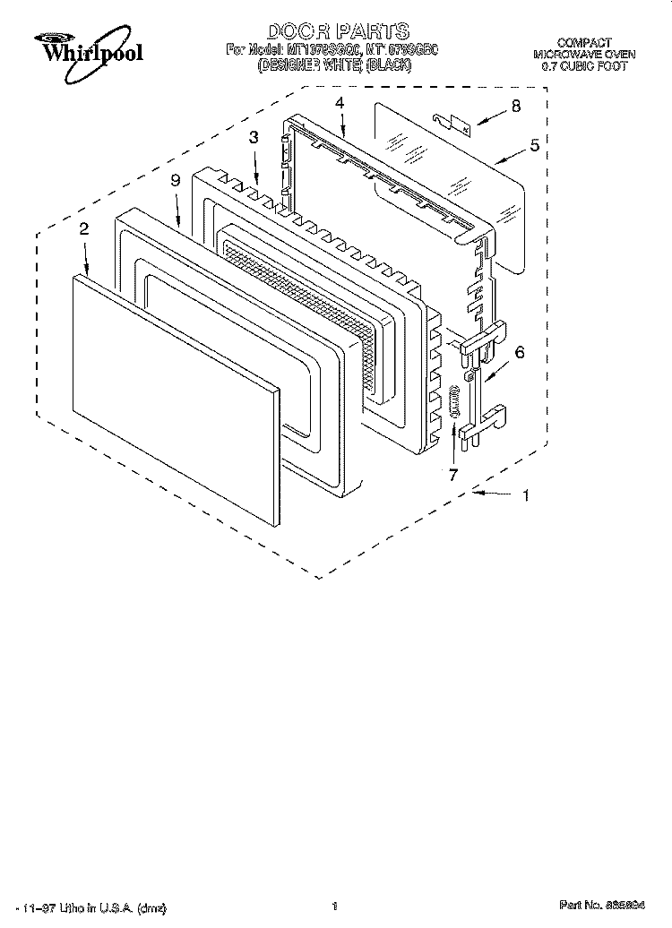 DOOR Diagram and Parts List for MT1078SGQ0  Whirlpool Microwave
