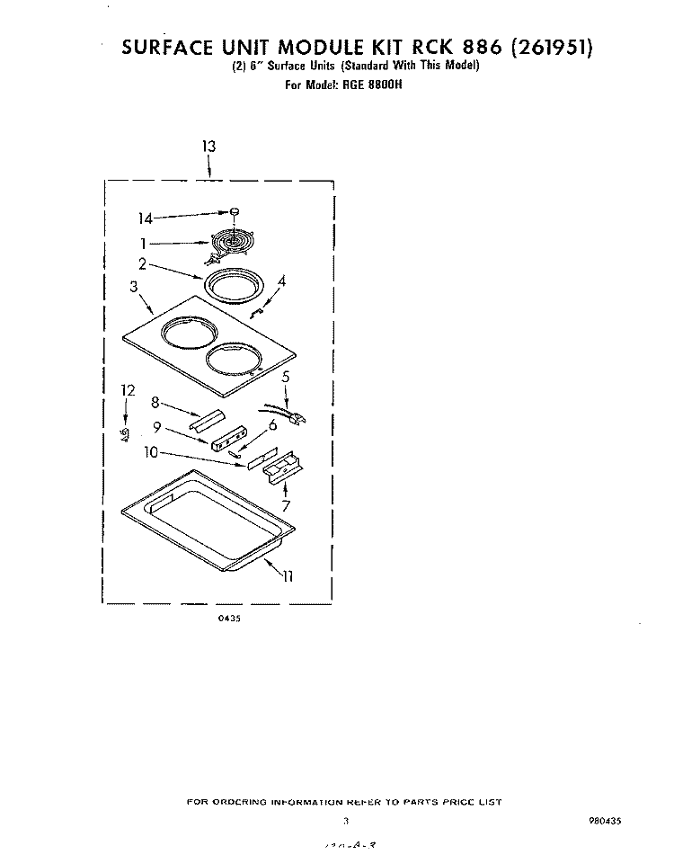 SURFACE UNIT KIT RCK 886(261951) Diagram and Parts List for RGE8800H  Whirlpool Range