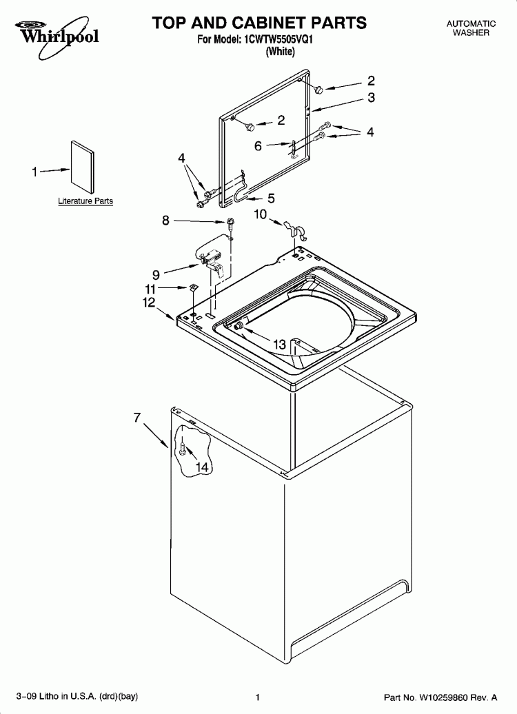 TOP AND CABINET PARTS Diagram and Parts List for 1CWTW5505VQ1  Whirlpool Washer