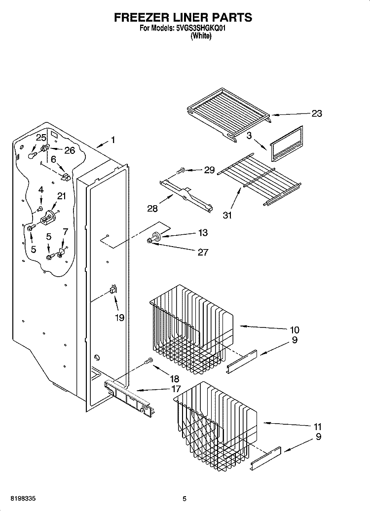 FREEZER LINER PARTS Diagram and Parts List for 5VGS3SHGKQ01  Whirlpool Refrigerator