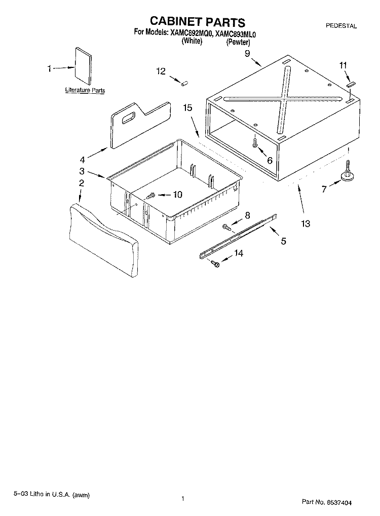 CABINET PARTS Diagram and Parts List for XAMC892MQ0  Whirlpool Laundry Accessories