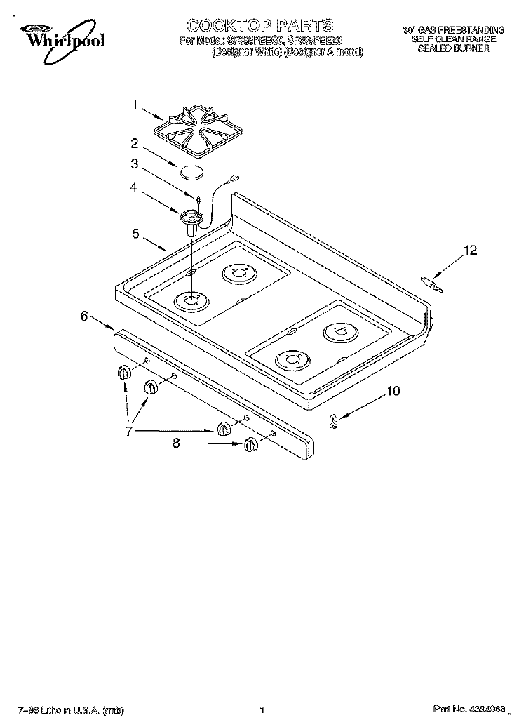 COOKTOP Diagram and Parts List for SF385PEEZ0  Whirlpool Range