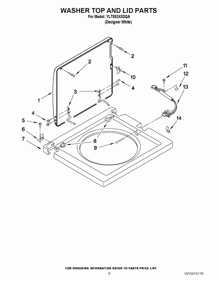 WASHER TOP AND LID PARTS Diagram and Parts List for YLTE5243DQA  Whirlpool Washer Dryer Combo