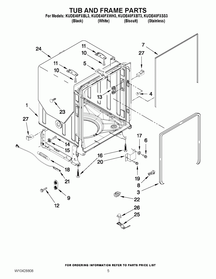 TUB AND FRAME PARTS Diagram and Parts List for KUDE40FXBT3  KitchenAid Dishwasher