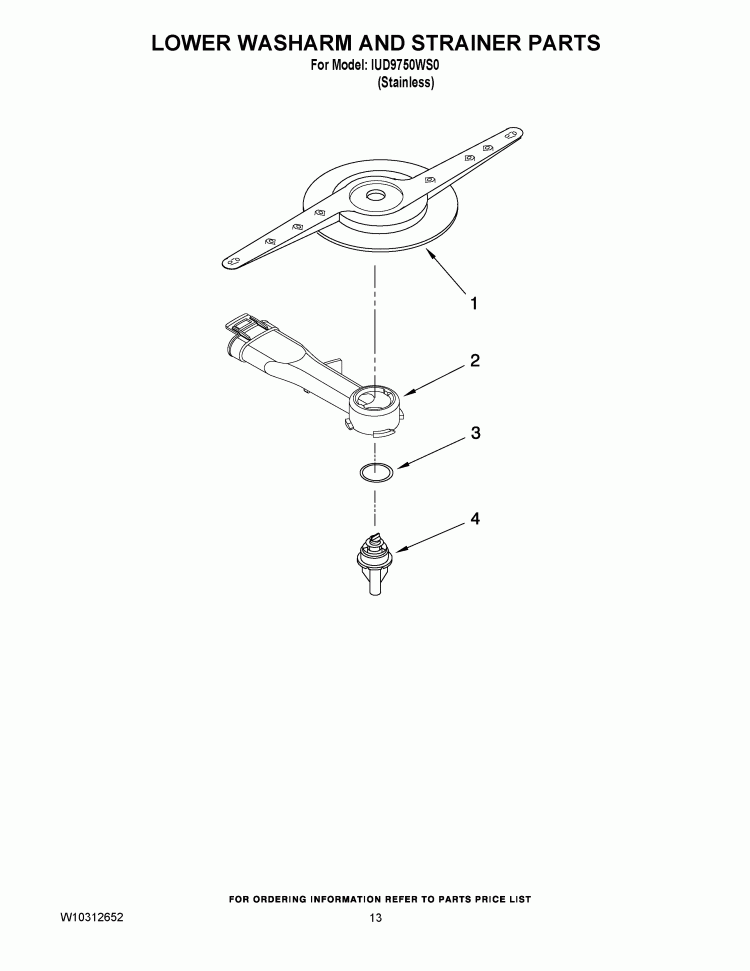 LOWER WASHARM AND STRAINER PARTS Diagram and Parts List for IUD9750WS0  Whirlpool Dishwasher