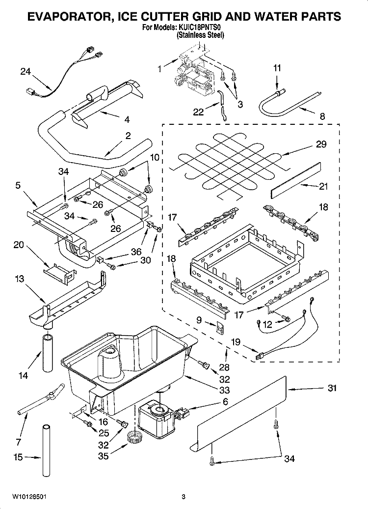 EVAPORATOR, ICE CUTTER GRID AND WATER PARTS Diagram and Parts List for KUIC18PNTS0  KitchenAid Ice Maker