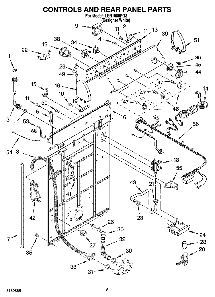 CONTROLS AND REAR PANEL PARTS Diagram and Parts List for LSN1000PQ3  Whirlpool Washer
