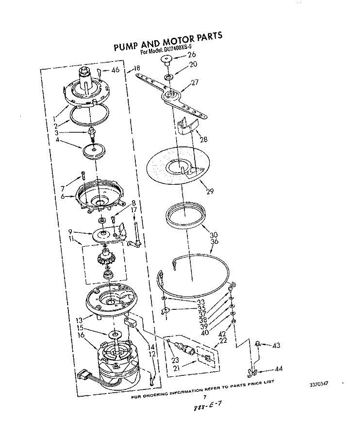 PUMP AND MOTOR Diagram and Parts List for DU7400XS5  Whirlpool Dishwasher