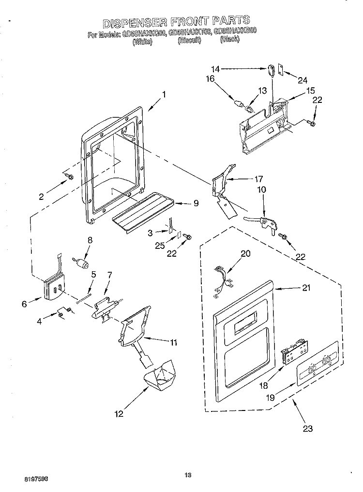DISPENSER FRONT Diagram and Parts List for GD5SHAXKQ00  Whirlpool Refrigerator