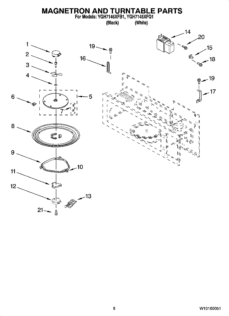 MAGNETRON AND TURNTABLE PARTS Diagram and Parts List for YGH7145XFB1  Whirlpool Microwave