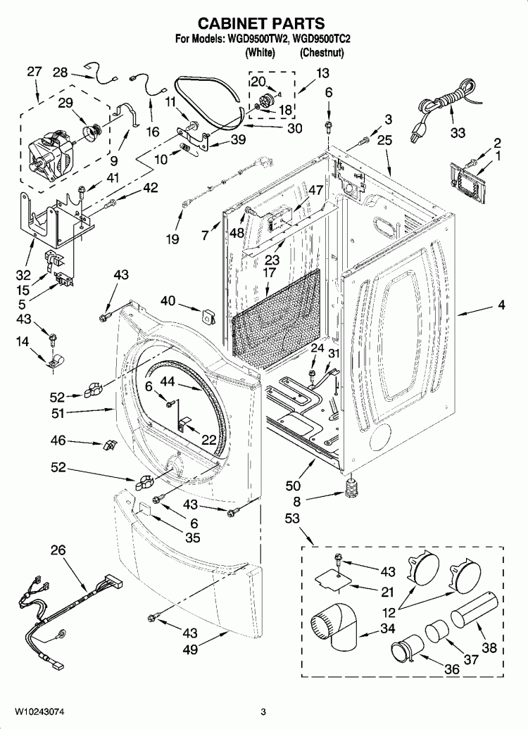 CABINET PARTS Diagram and Parts List for WGD9500TW2  Whirlpool Dryer