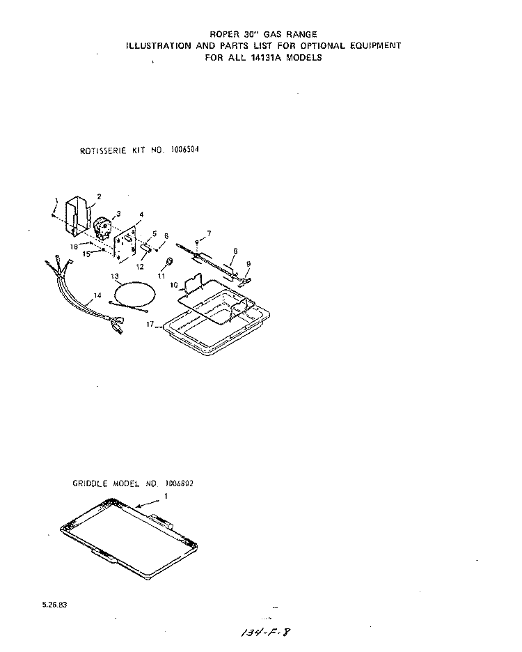 ROTISSERIE KIT, GRIDDLE Diagram and Parts List for 1413W1A  Roper Range