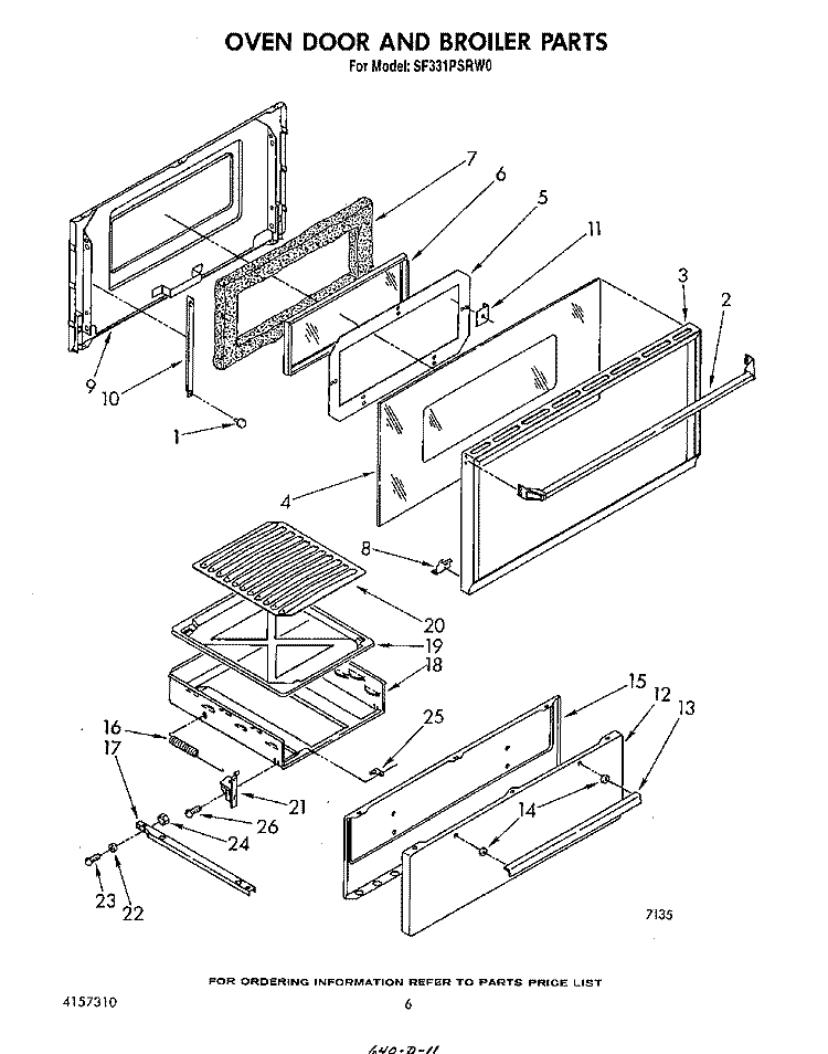 OVEN DOOR AND BROILER Diagram and Parts List for SF331PSRW0  Whirlpool Range