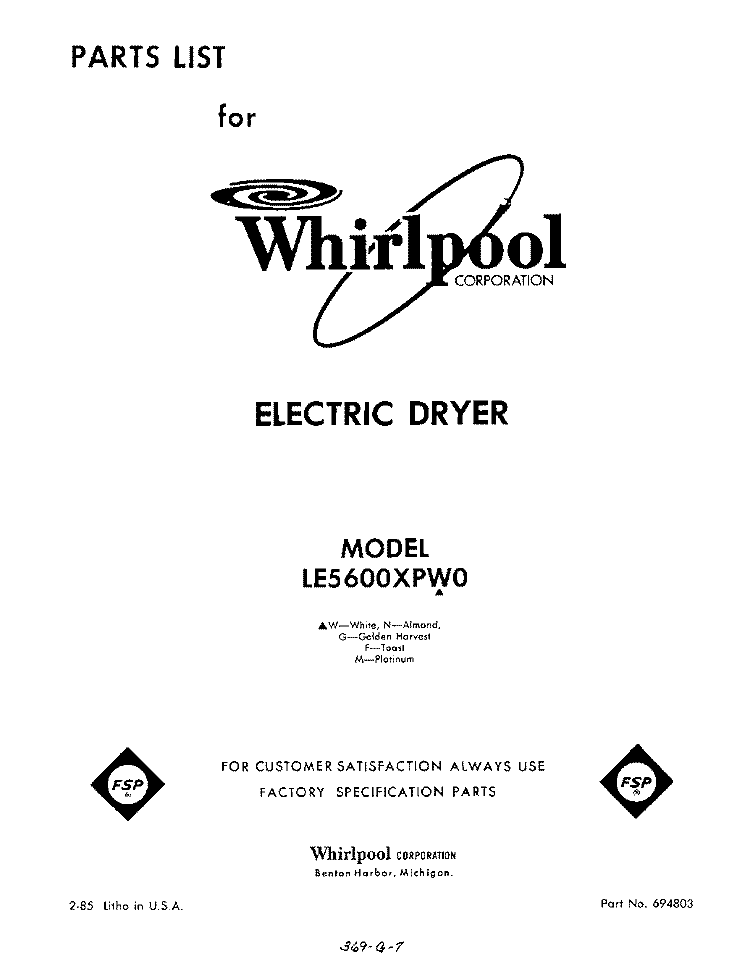 SECTION Diagram and Parts List for LE5600XPW0  Whirlpool Dryer