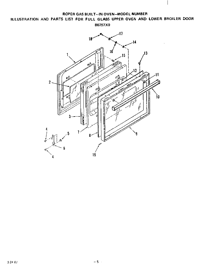 GLASS UPPER OVEN AND LOWER BROILER Diagram and Parts List for B6757^0  Roper Range