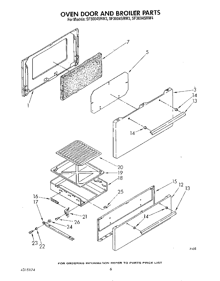 OVEN DOOR AND BROILER Diagram and Parts List for SF3004SRW2  Whirlpool Range