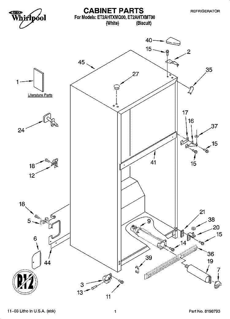 CABINET PARTS Diagram and Parts List for ET2AHTXMT00  Whirlpool Refrigerator