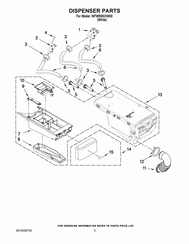 DISPENSER PARTS Diagram and Parts List for WFW9050XW00  Whirlpool Washer