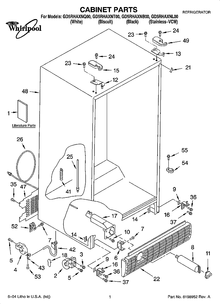 CABINET PARTS Diagram and Parts List for GD5RHAXNQ00  Whirlpool Refrigerator