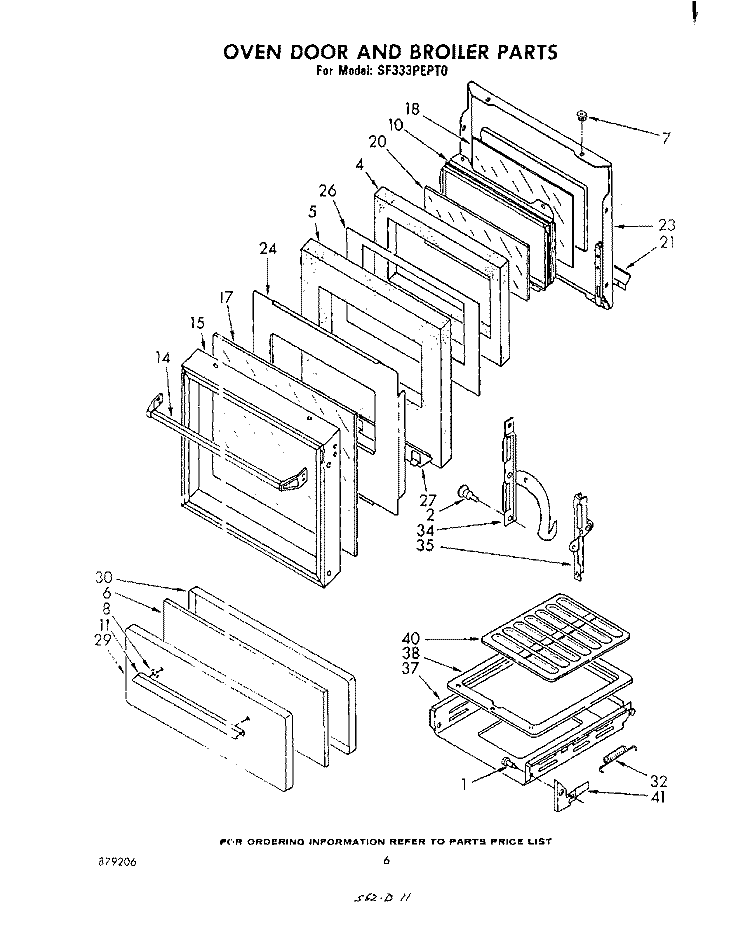 OVEN DOOR AND BROILER Diagram and Parts List for SF333PEPT0  Whirlpool Range