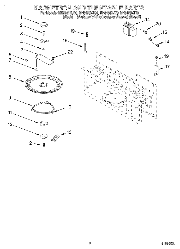 MAGNETRON & TURNTABLE Diagram and Parts List for MH8150XJT0  Whirlpool Microwave
