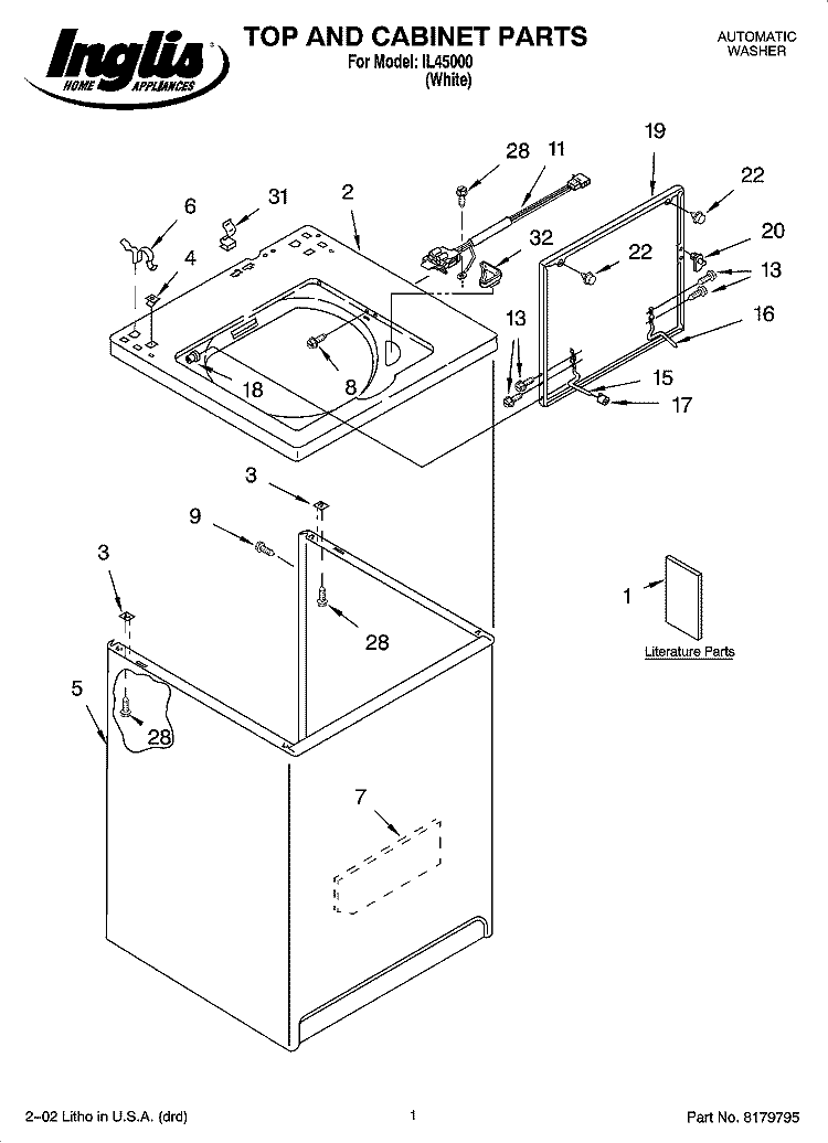 TOP AND CABINET PARTS Diagram and Parts List for IL45000  Inglis Washer