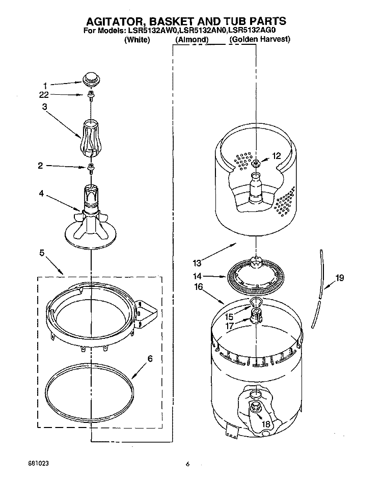 AGITATOR, BASKET AND TUB Diagram and Parts List for LSR5132AW0  Whirlpool Washer