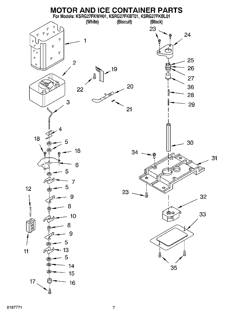 MOTOR AND ICE CONTAINER Diagram and Parts List for KSRG27FKBT01  KitchenAid Refrigerator