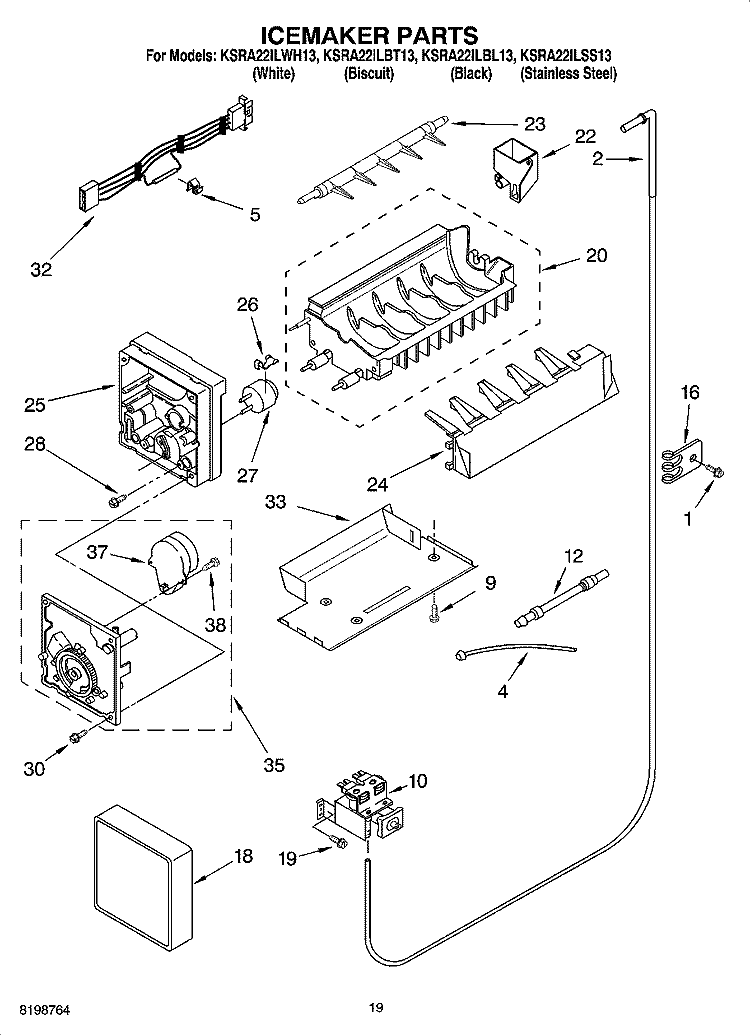 ICEMAKER PARTS Diagram and Parts List for KSRA22ILBL13  KitchenAid Refrigerator