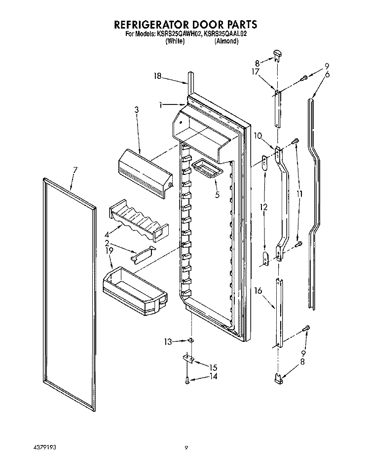 REFRIGERATOR DOOR Diagram and Parts List for KSRS25QAAL02  KitchenAid Refrigerator