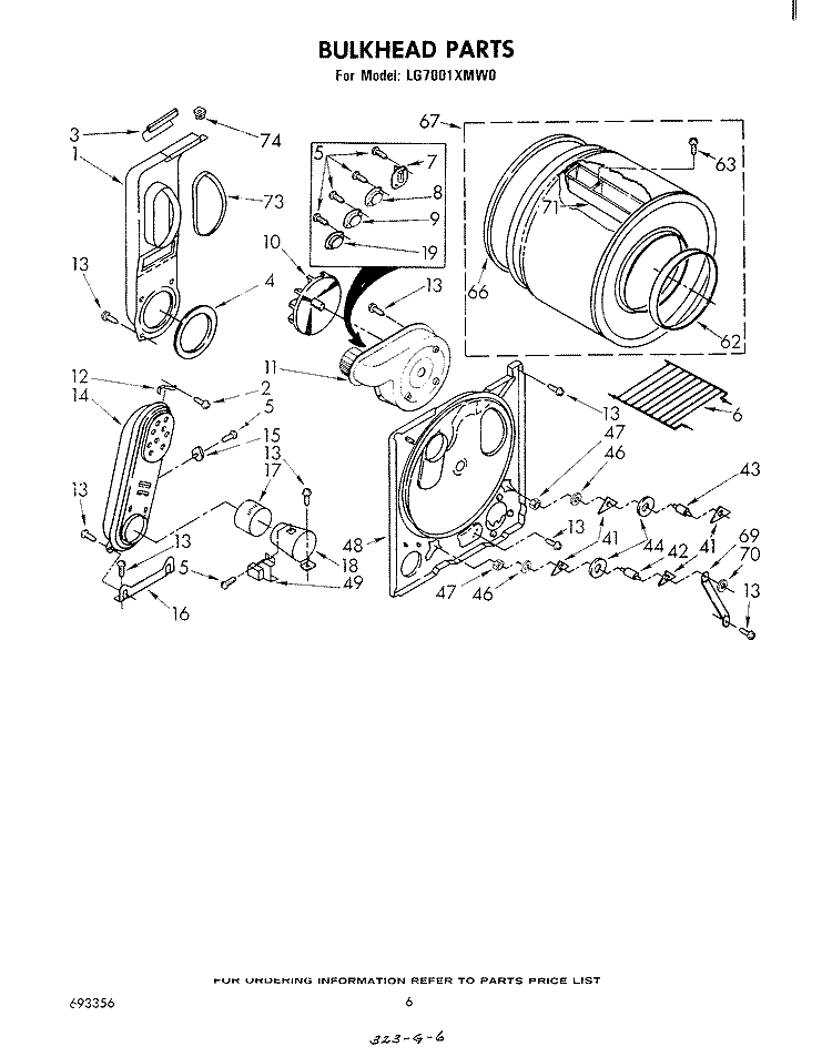 BULKHEAD Diagram and Parts List for LG7001XMW0  Whirlpool Dryer