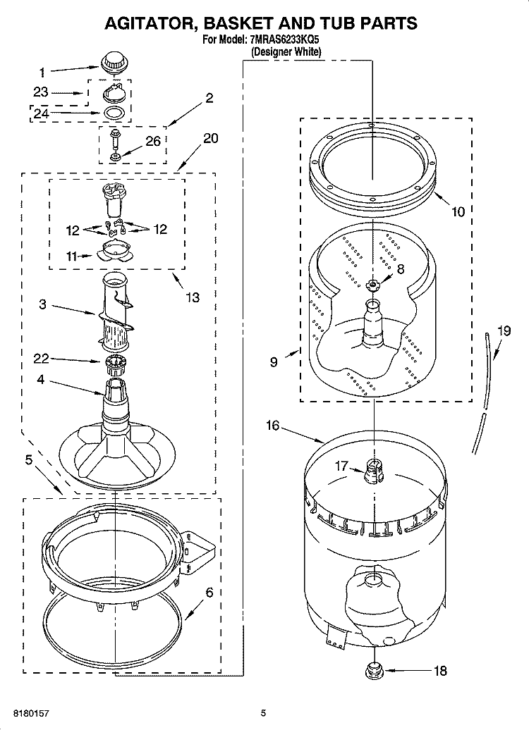 AGITATOR, BASKET AND TUB PARTS Diagram and Parts List for 7MRAS6233KQ5  Roper Washer